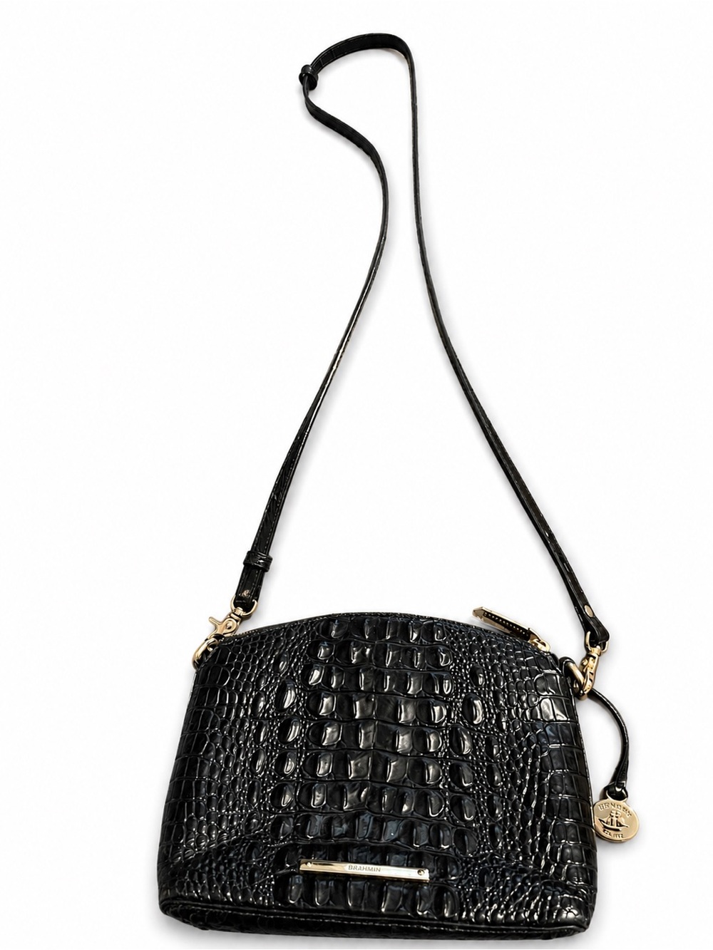 Brahmin Black Croc-Embossed Crossbody with Gold Hardware